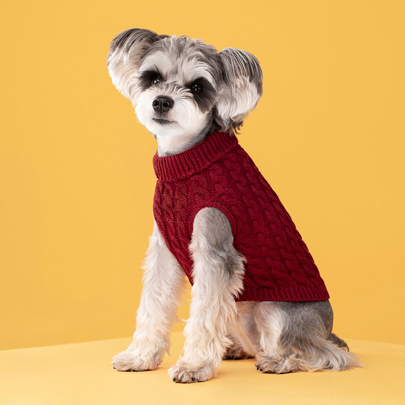 Autumn and winter pet dog warm solid color classic Fried Dough Twists sweater thickened turtleneck sweater