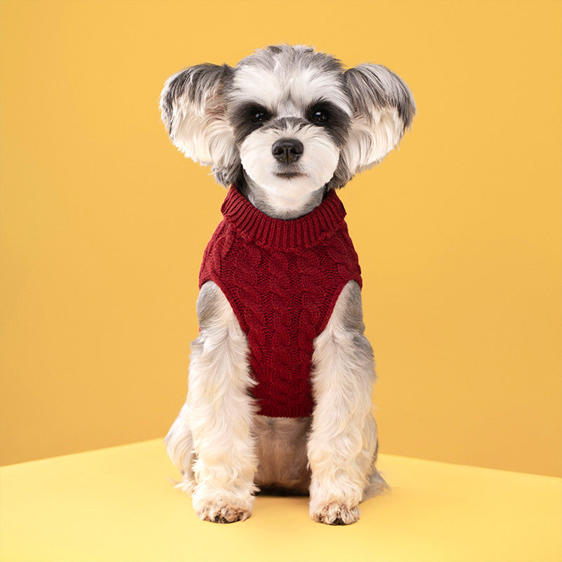 Autumn and winter pet dog warm solid color classic Fried Dough Twists sweater thickened turtleneck sweater